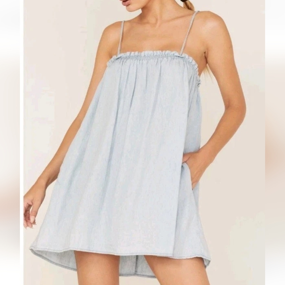 Show Me Your MuMu Angel Mini Tunic Dress Sz Med Blue Linen Chambray Coastal Nwt - Picture 14 of 14